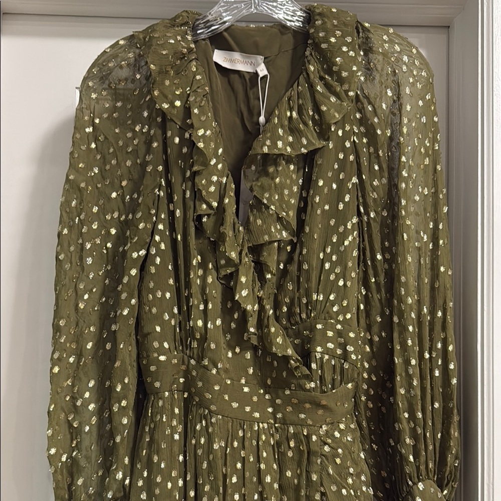 Zimmermann Green Ruffled Tiered Long Sleeve Dress